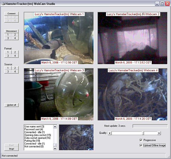 Screenshot of the HamsterTracker(tm) WebCam Studio server, running 4 camera's.